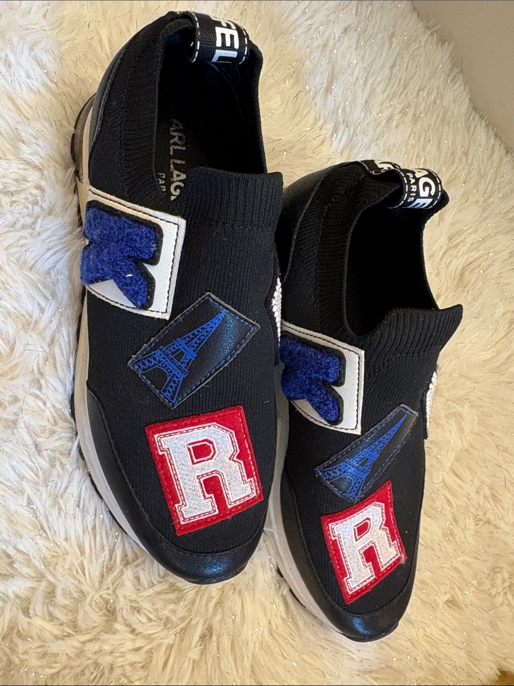 Karl Lagerfeld Kids Black Slip-On Sneakers with Red & Blue Patches